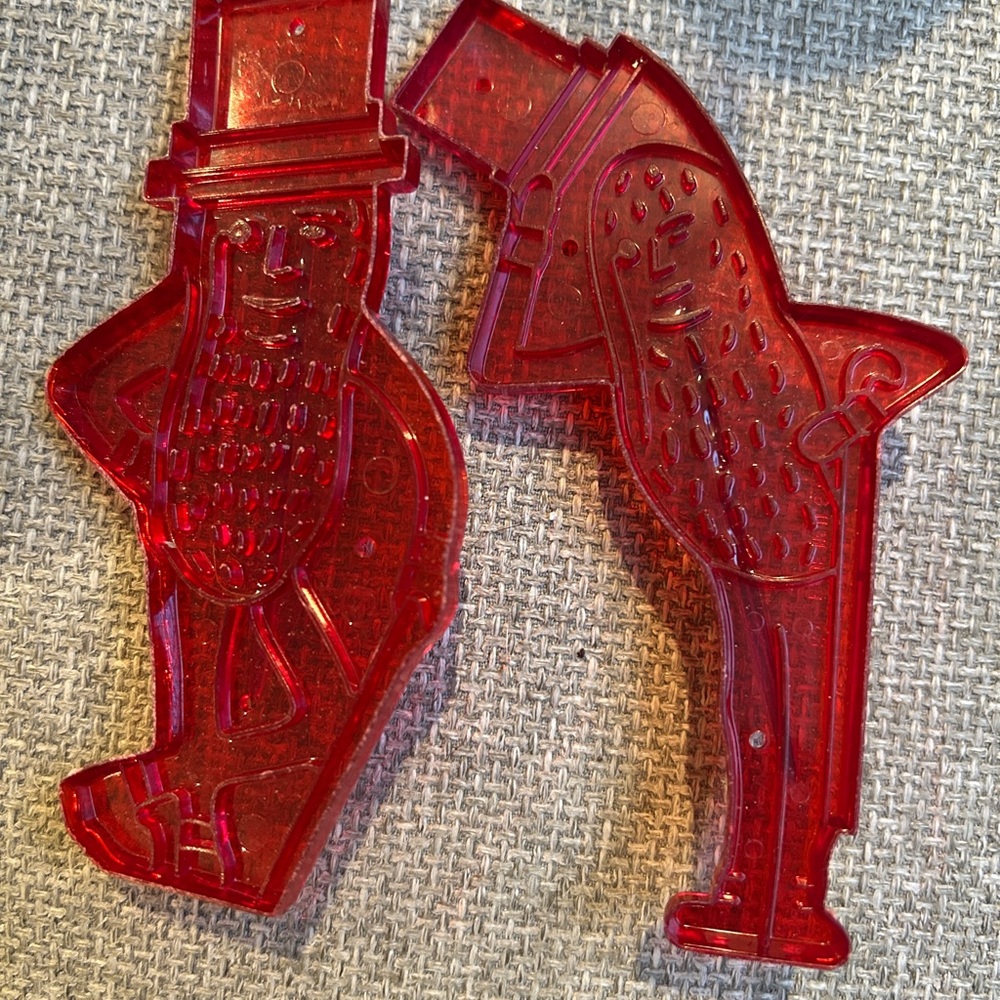 2 Mr. peanut planters red plastic cookie cutters vintage retro USA